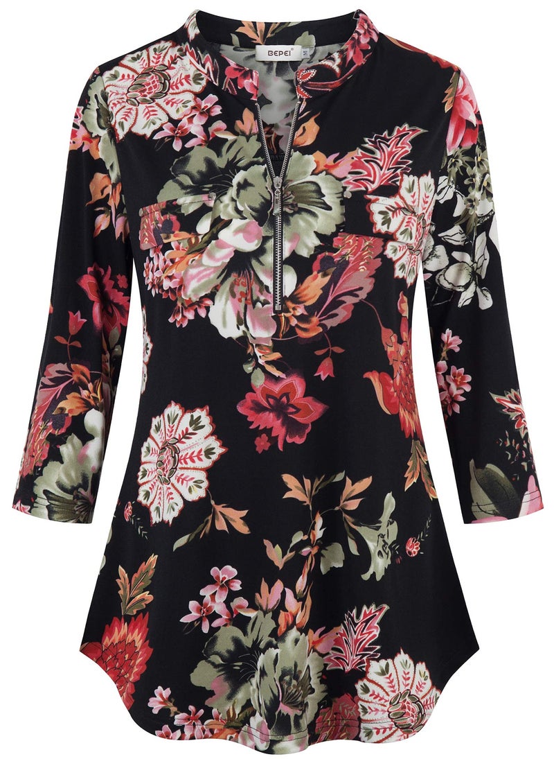 BEPEI Womens Tunics 3/4 Sleeves,Juniors Lightweight Zipper Henley V Neck A Line Chiffon Tops Chic Soft Tee Shirt Pocket Button up Decoration Blouses Floral Boutique Clothing,Black Green XL - Image 2